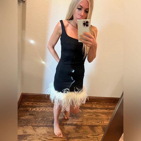 MANURÍ Rinna Ostrich Feather Trim Square Neck Dress Black White Revolve Small - Picture 5 of 9